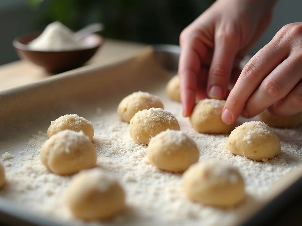 Molasses cookie dough balls being coated in granulated sugar