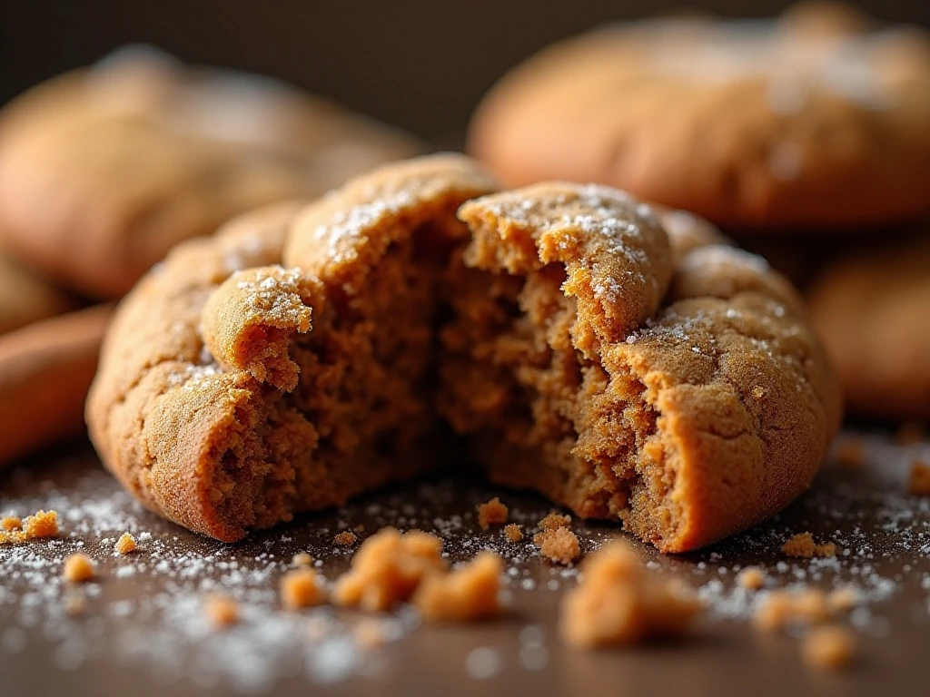 Close-up of the soft chewy center and sugared crust of a molasses cookie