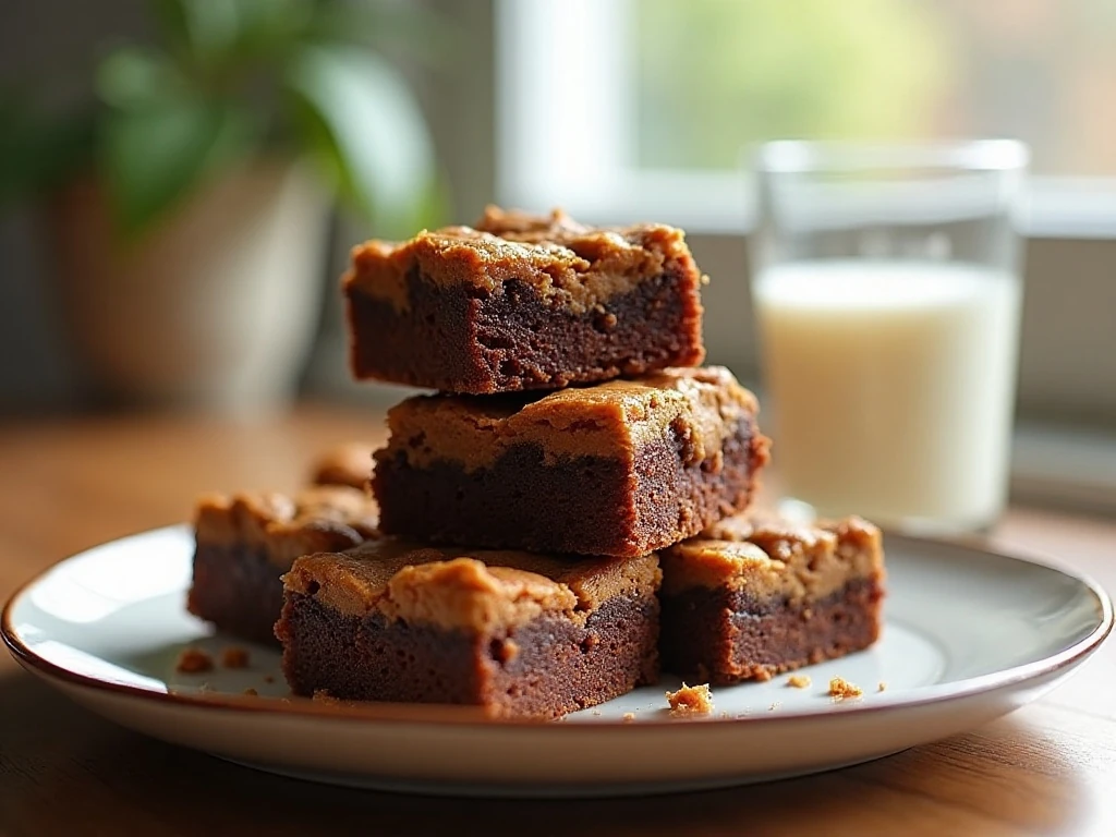 Stack of chewy peanut butter brownies served with milk