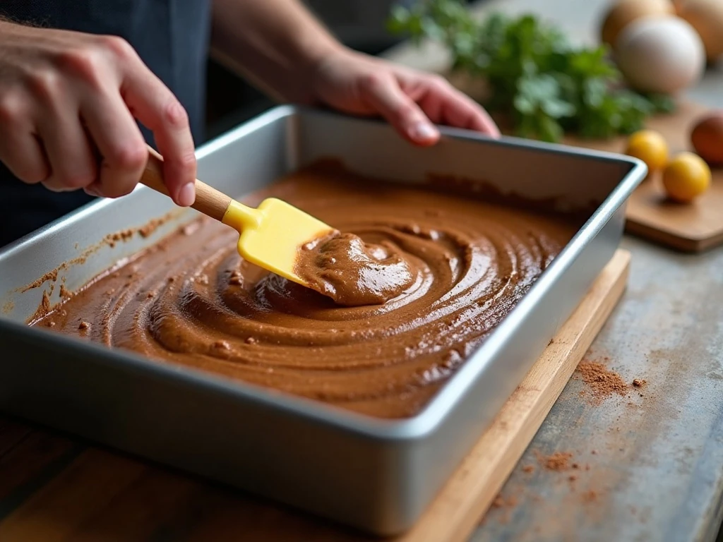 Spreading peanut butter brownie batter in a baking pan