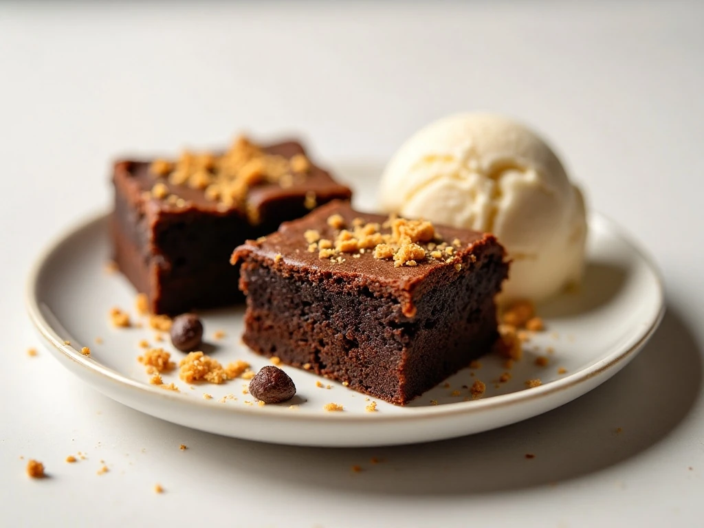 Peanut butter brownie served with vanilla ice cream