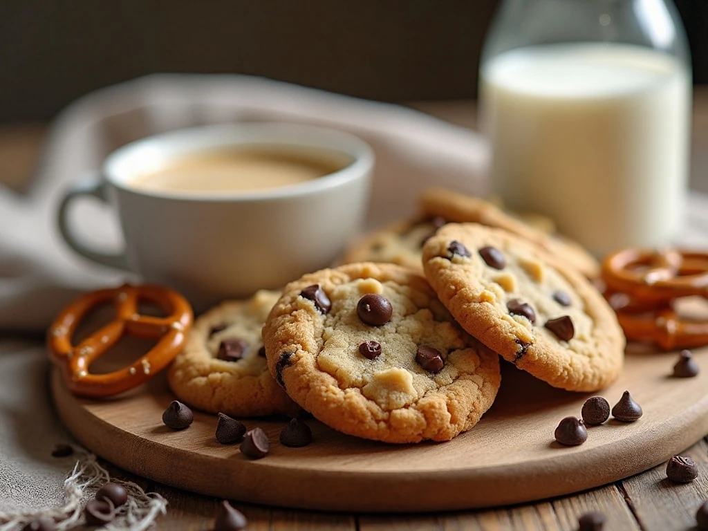 Peanut butter chocolate chip cookies served with milk and coffee