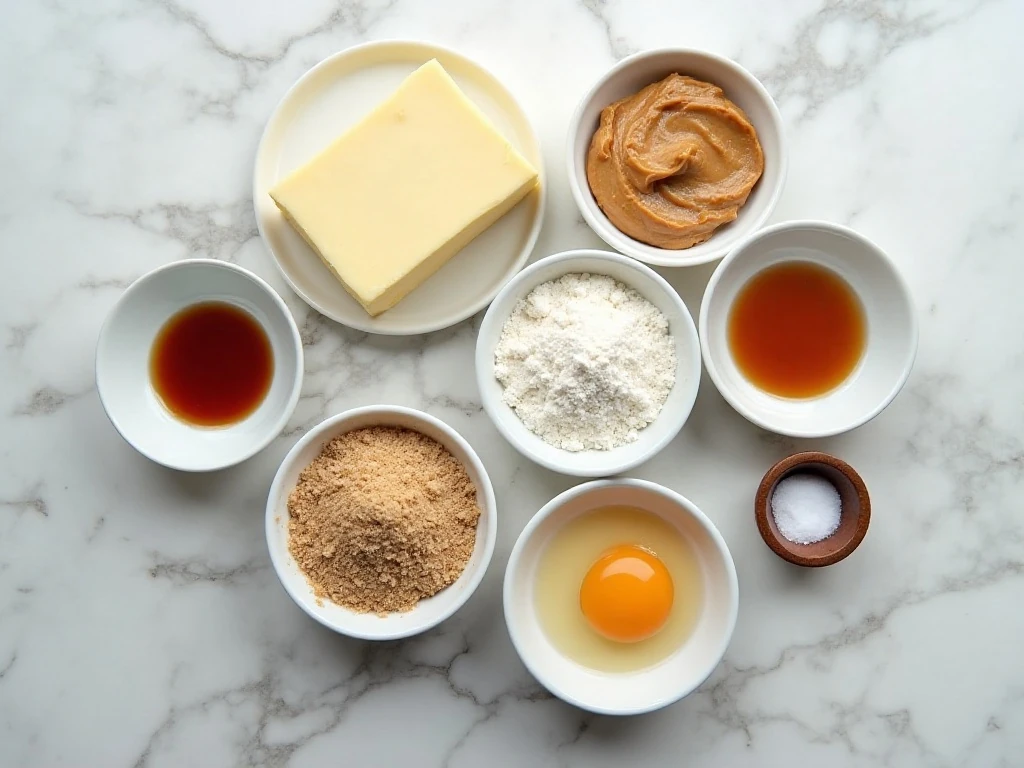 Ingredients for chewy peanut butter cookies arranged for baking