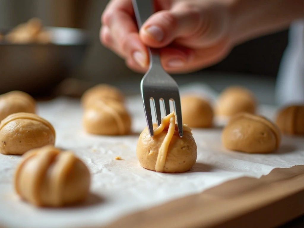 Fork pressing a crisscross pattern into peanut butter cookie dough