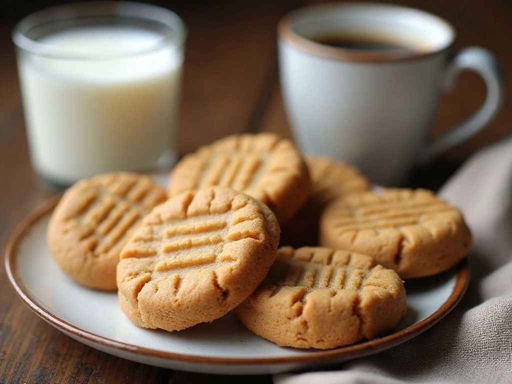 Peanut butter cookies served with milk and coffee