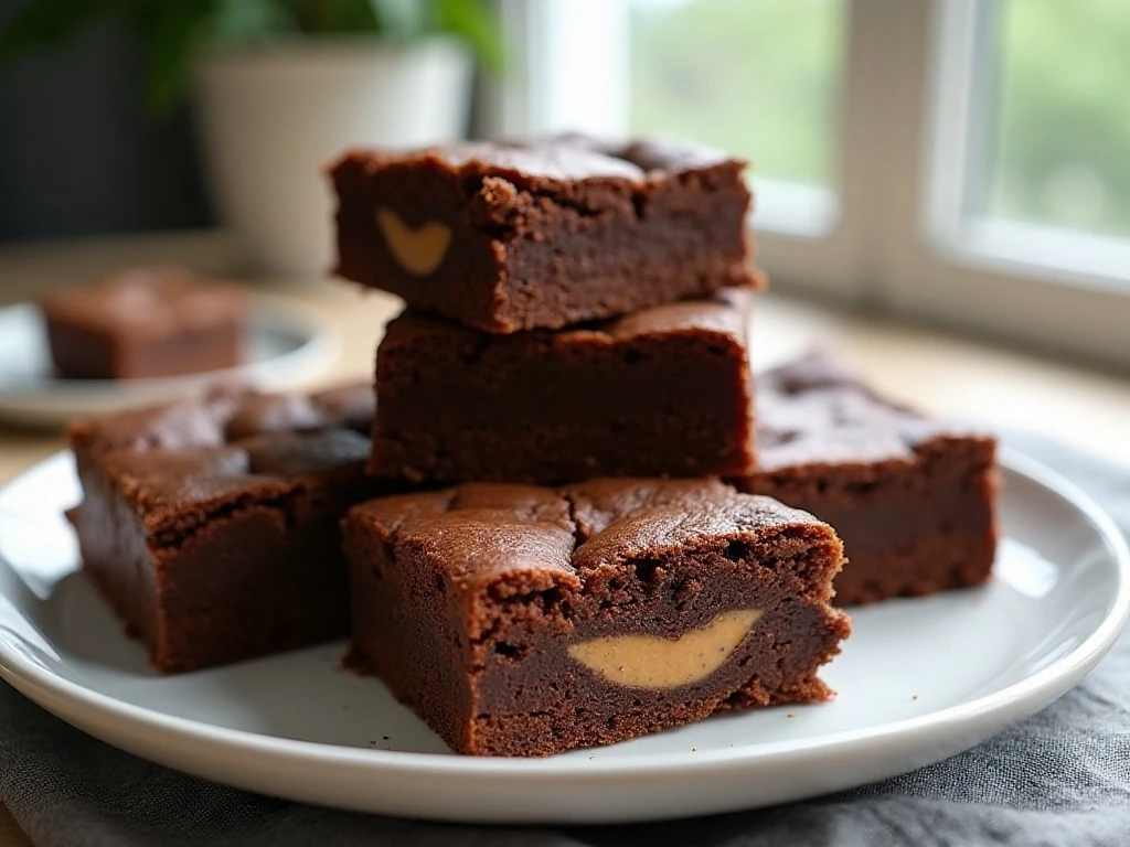 Chewy peanut butter Nutella brownies stacked on a dessert plate