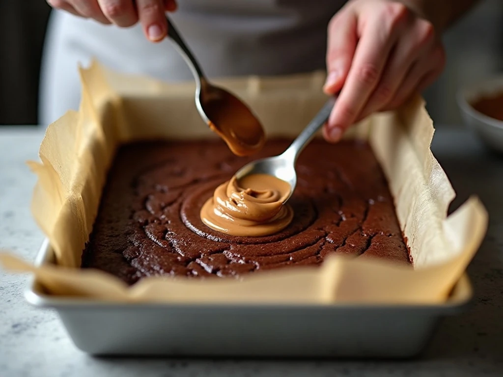 Peanut butter and Nutella being prepared for brownie swirls