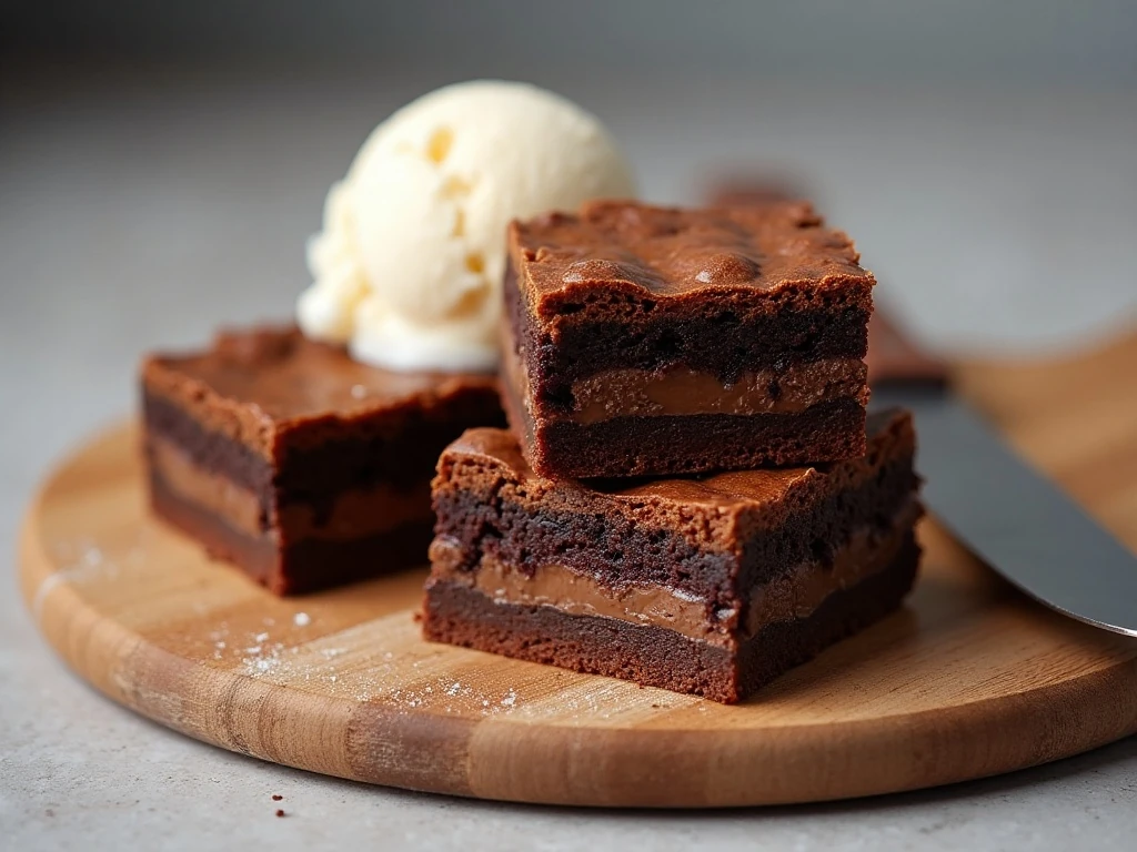 Sliced peanut butter Nutella brownies served with ice cream