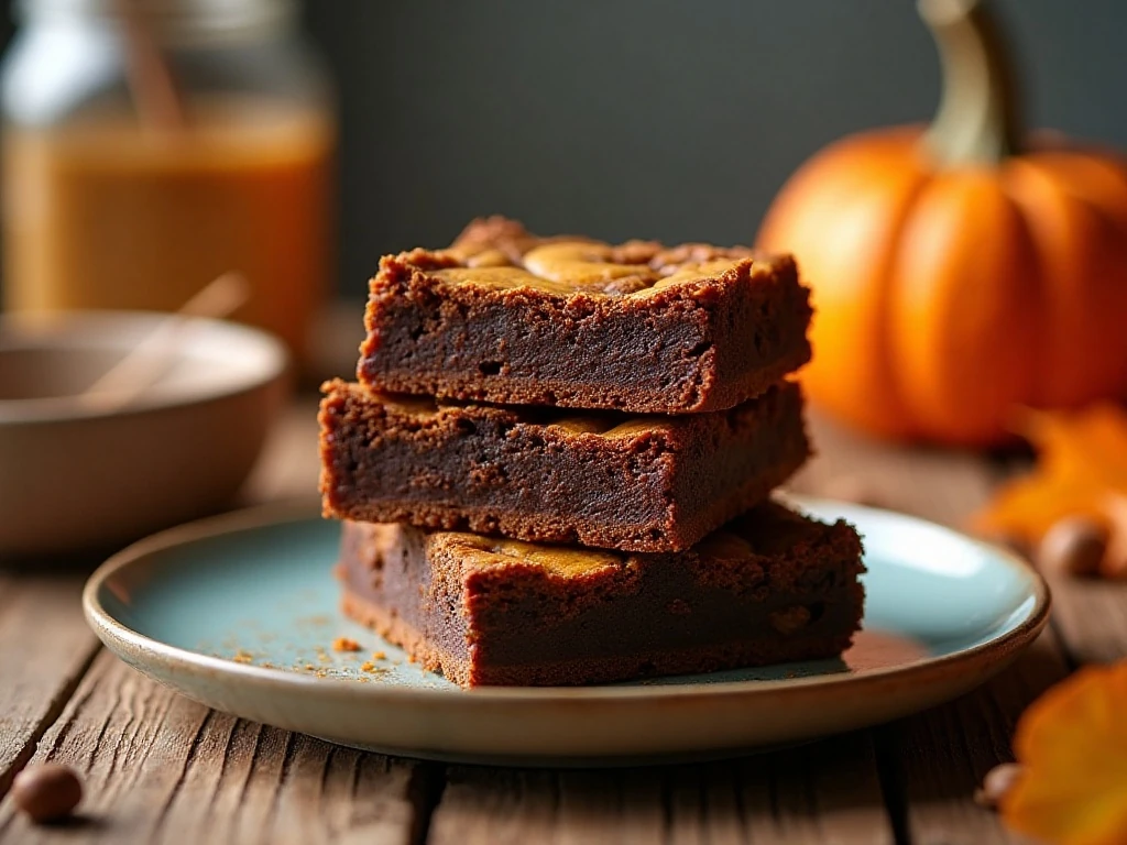 Stack of chewy pumpkin swirl brownies showing chocolate and pumpkin layers