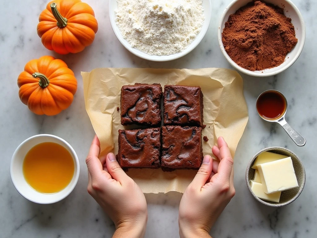 Ingredients for chewy pumpkin swirl brownies arranged in a flat lay