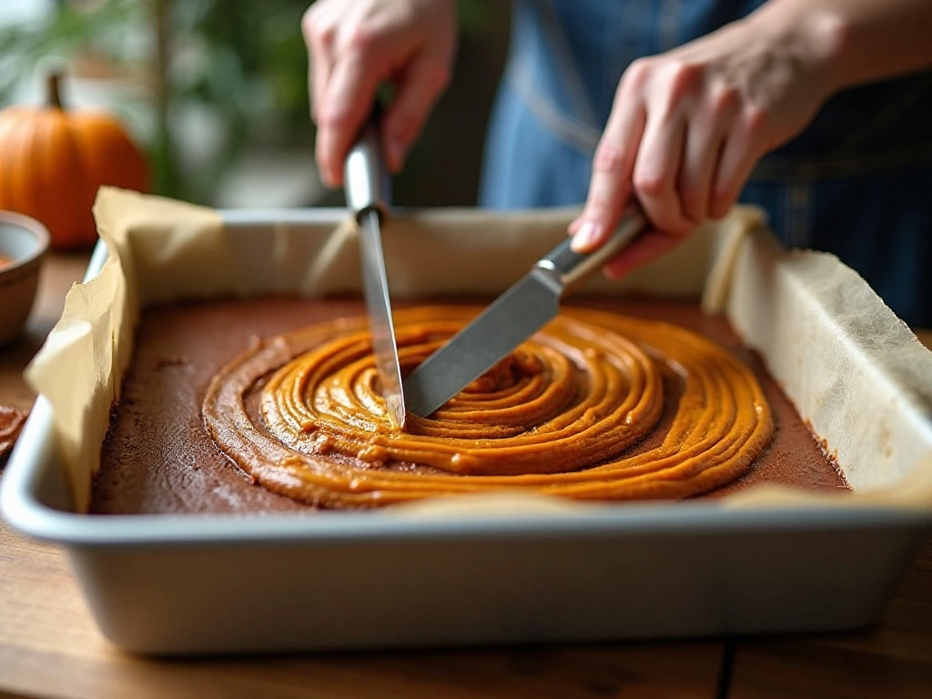 Creating broad pumpkin and brownie swirls in the baking pan