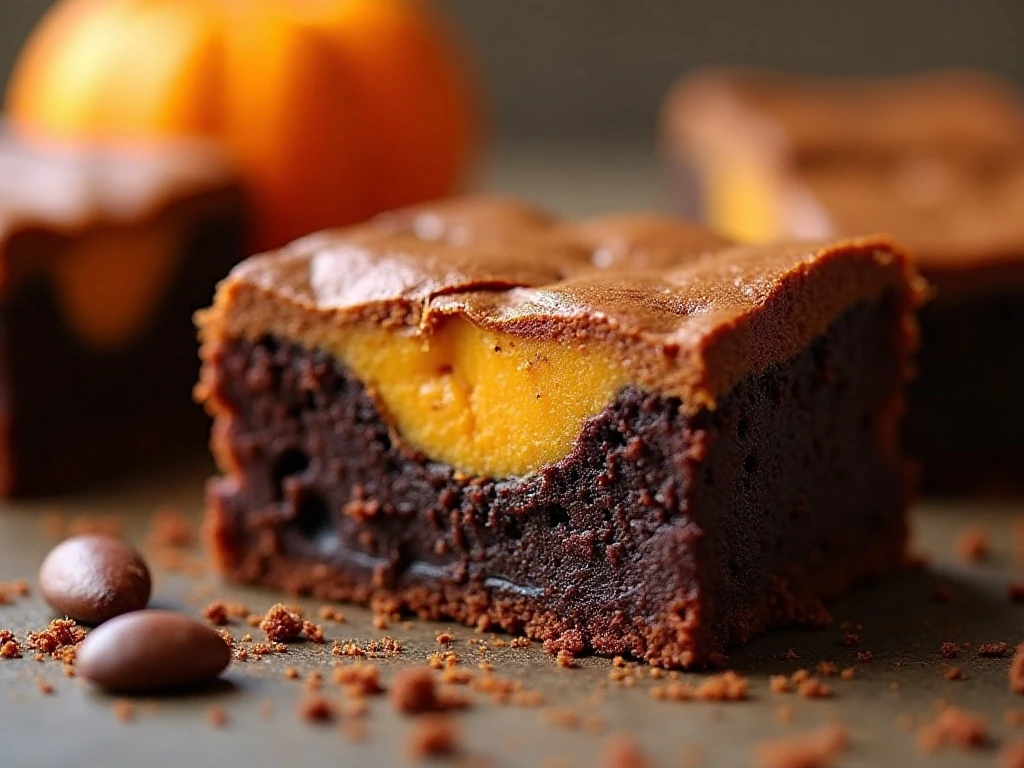 Close-up of the chewy texture and pumpkin swirl in a brownie