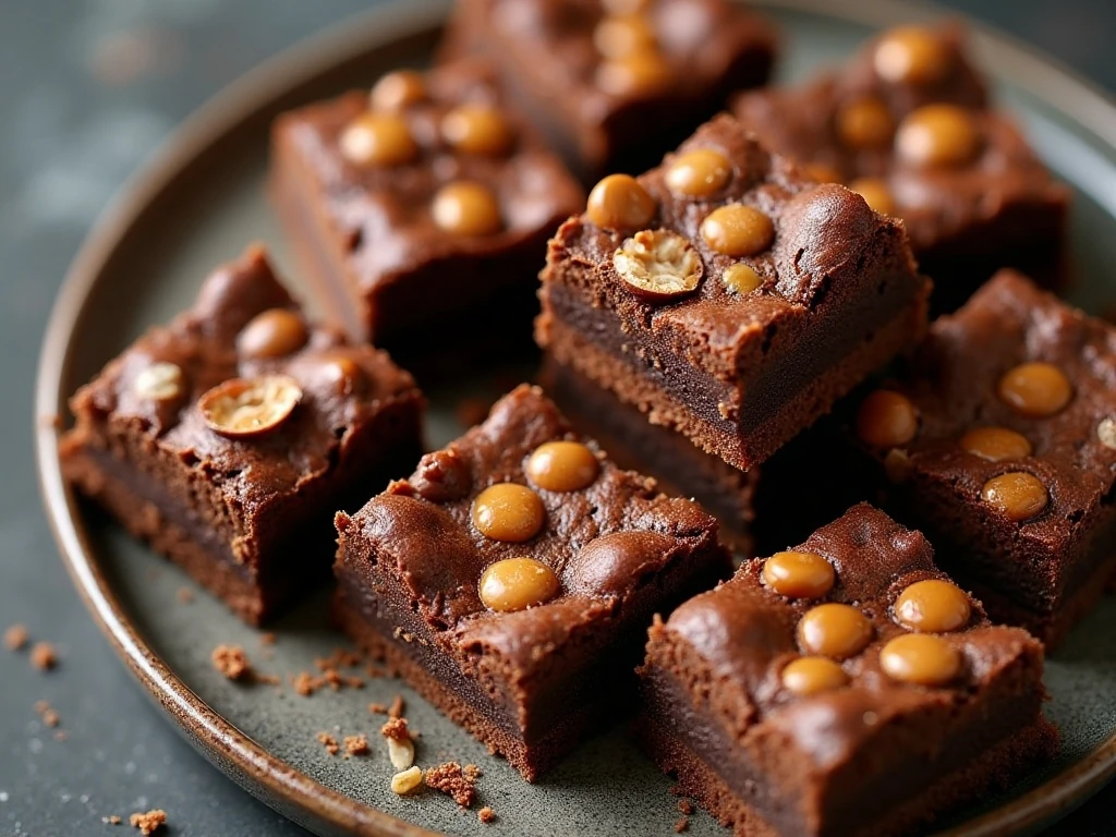Chewy Snickers brownies arranged on a serving platter