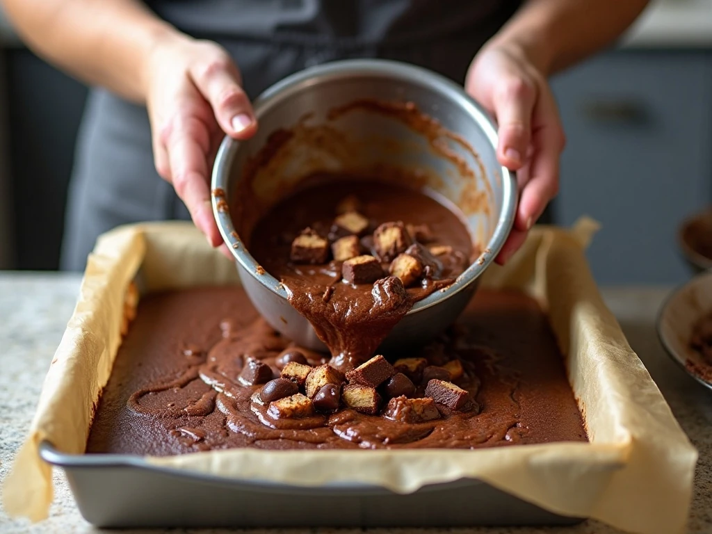 Brownie batter mixed with chopped Snickers bars before baking