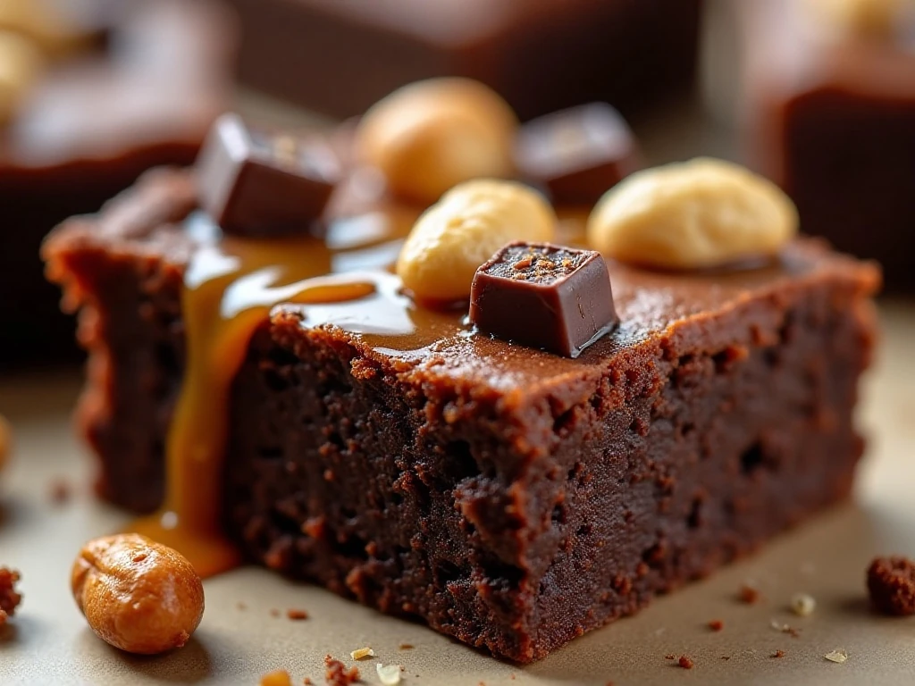 Close-up of fudgy brownie texture with caramel and peanuts