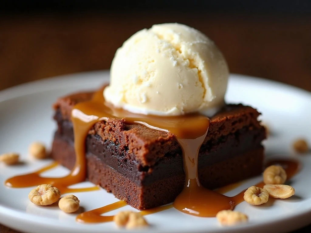 Snickers brownie served with vanilla ice cream