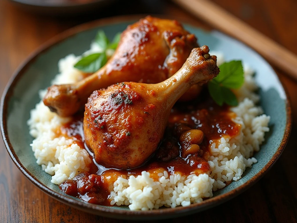 Traditional Filipino chicken adobo served over white rice