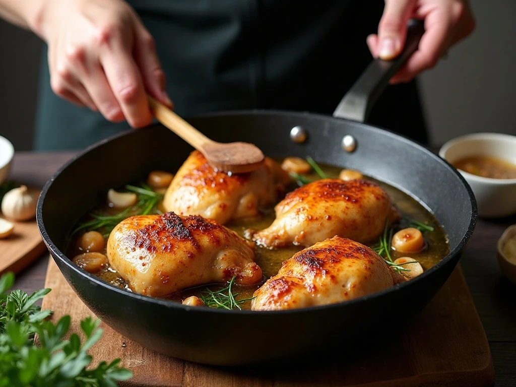 Browning chicken for Filipino adobo in a Dutch oven