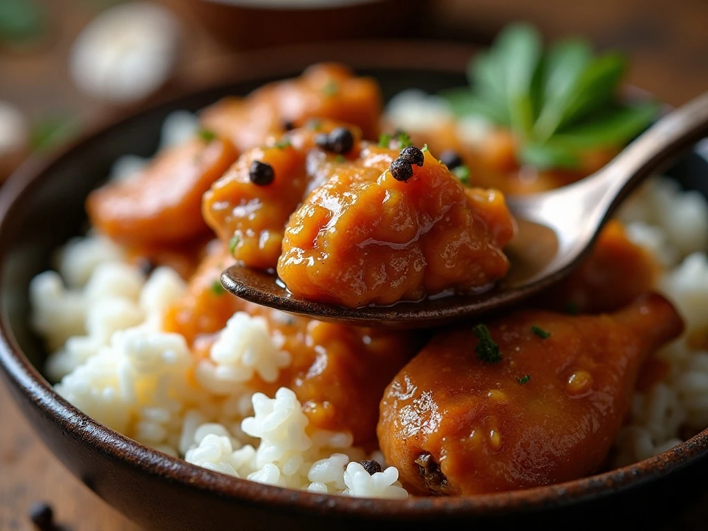 Close-up of saucy chicken adobo served with rice