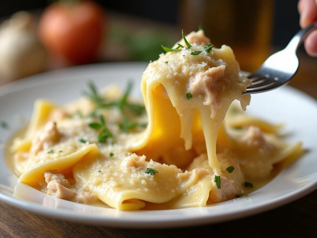 Serving of creamy chicken Alfredo ravioli bake with melted cheese