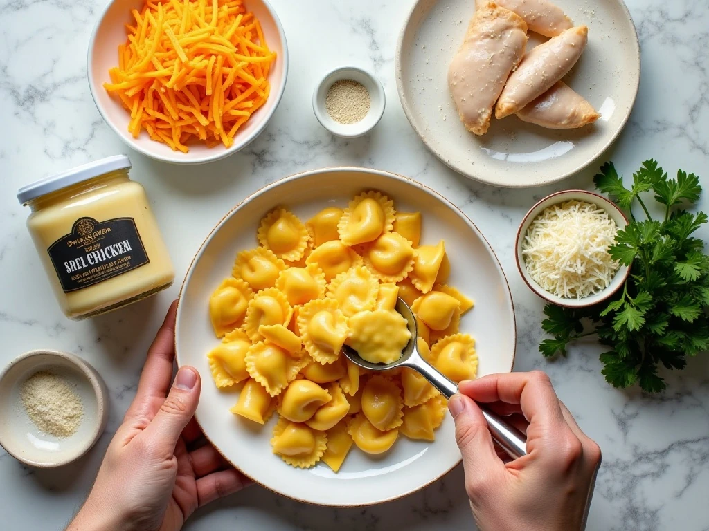 Ingredients for easy chicken Alfredo ravioli bake