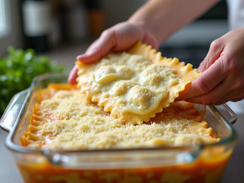 Layering ravioli, chicken, Alfredo sauce, and cheese in a casserole dish