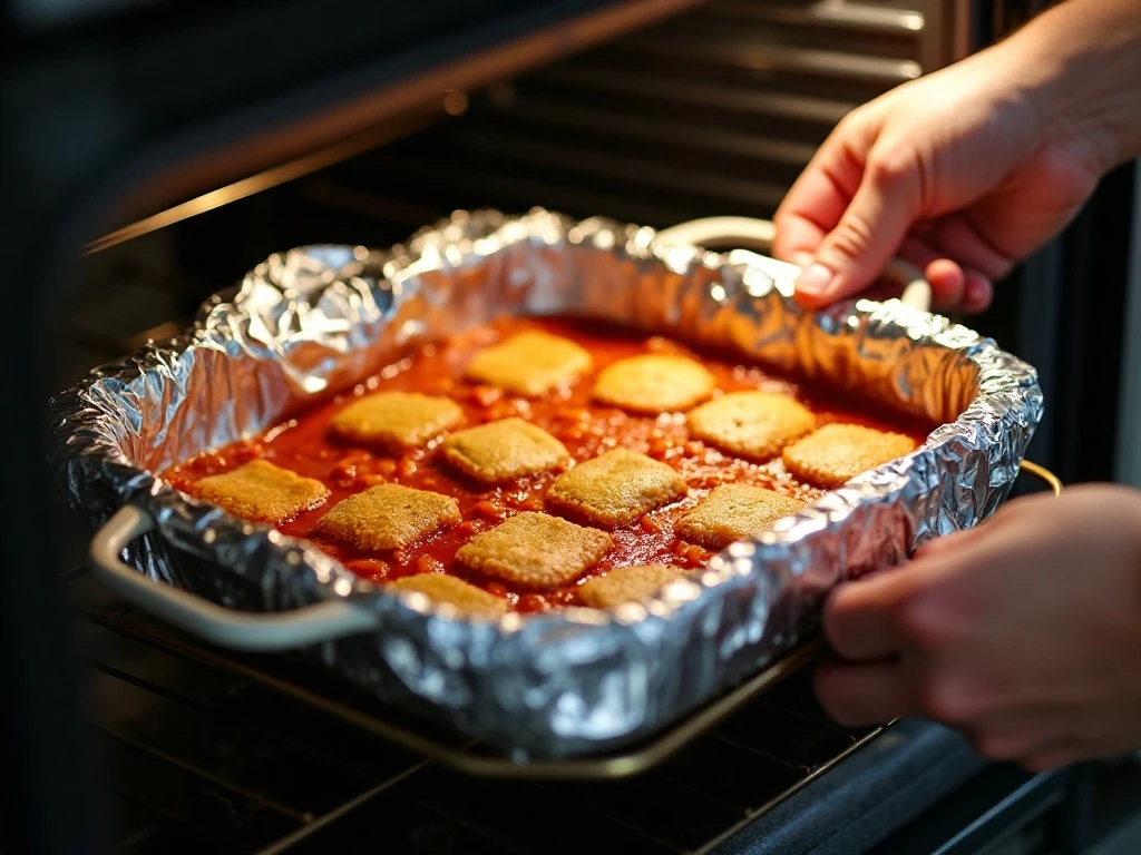 Covered chicken Alfredo ravioli casserole ready to bake