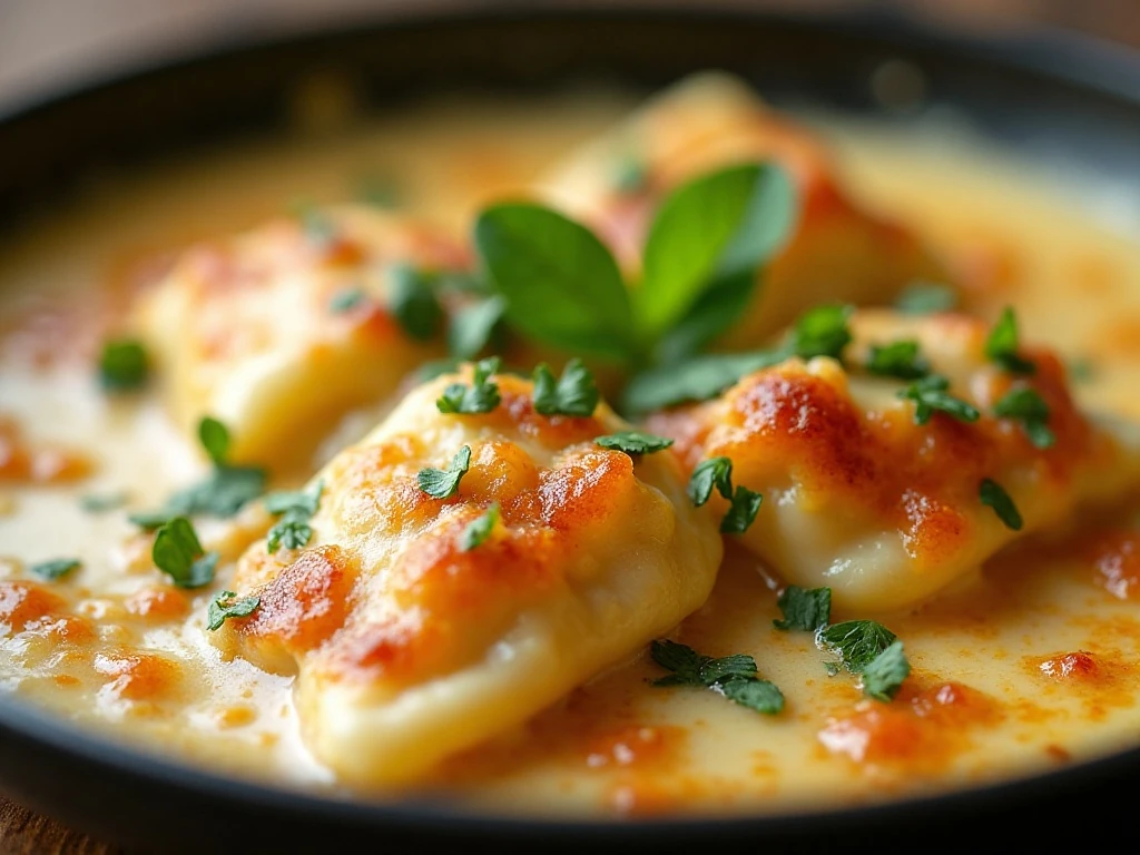 Fresh parsley garnish on bubbling chicken Alfredo ravioli bake