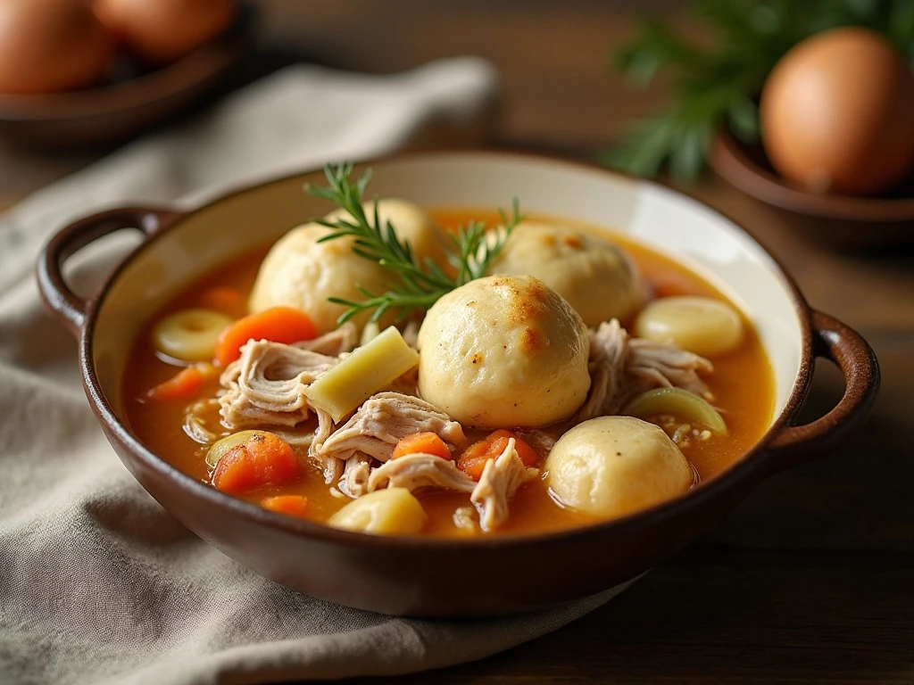 Bowl of homemade old-fashioned chicken and dumplings