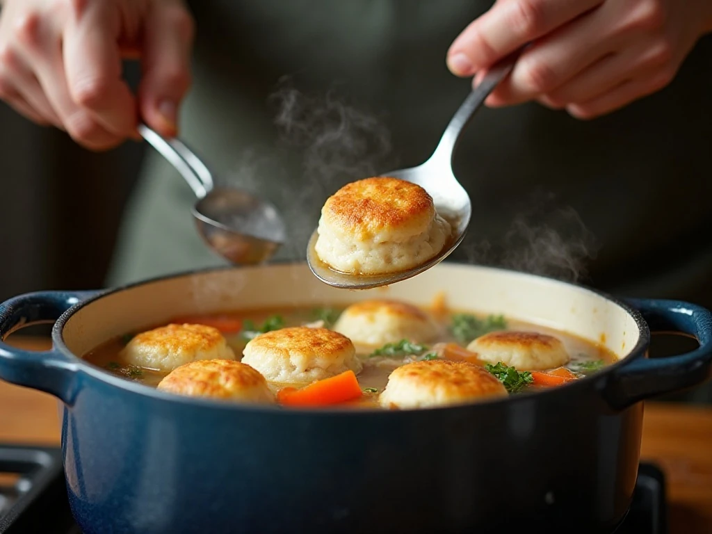 Drop dumpling dough being added to simmering chicken broth