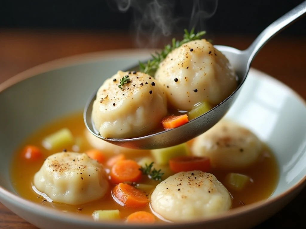 Close-up serving of chicken and dumplings with thyme garnish