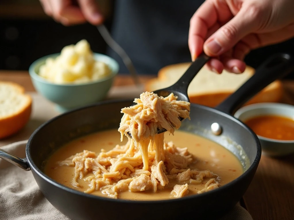 Shredded chicken simmering in gravy for an open-faced sandwich