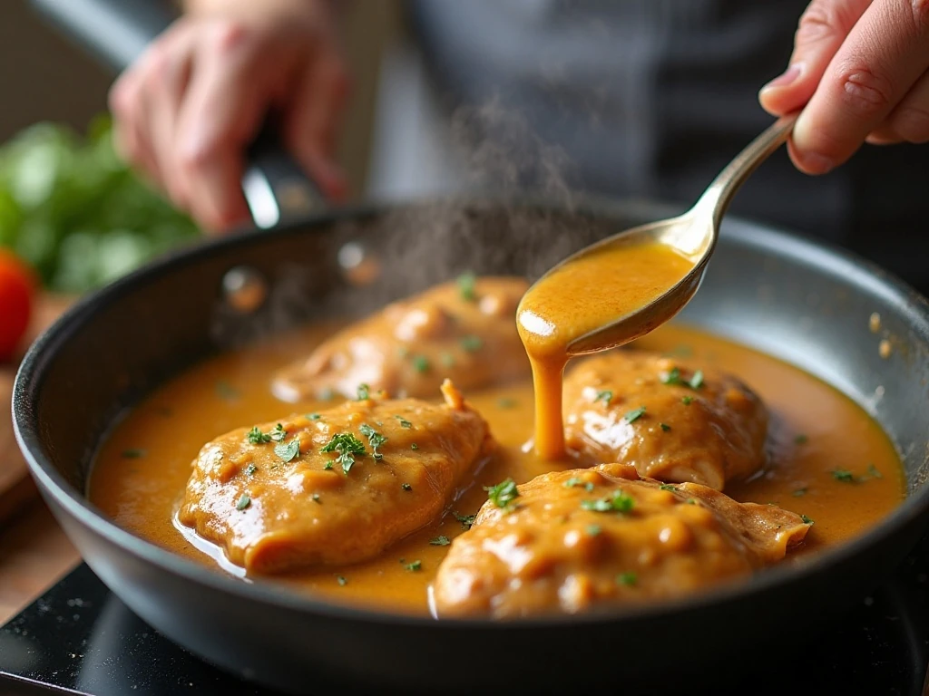 Chicken and gravy gently warming in a saucepan