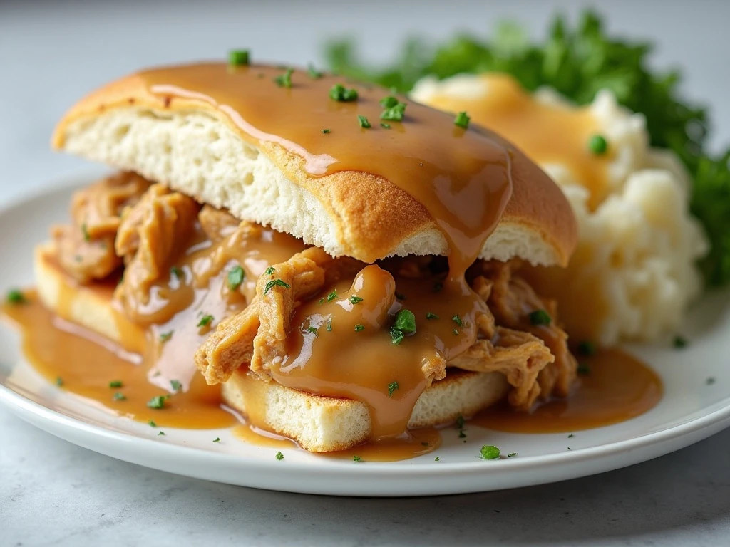 Finished easy chicken and gravy sandwich dinner
