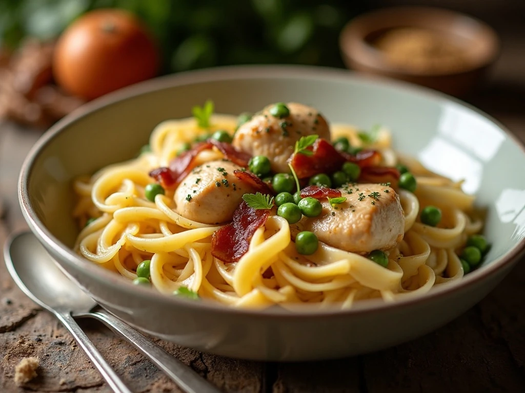 Creamy chicken and noodles with bacon served in a warm bowl