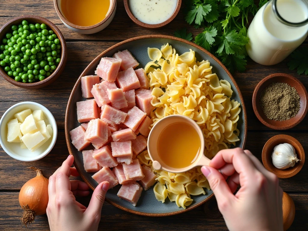 Ingredients for chicken and noodles with bacon