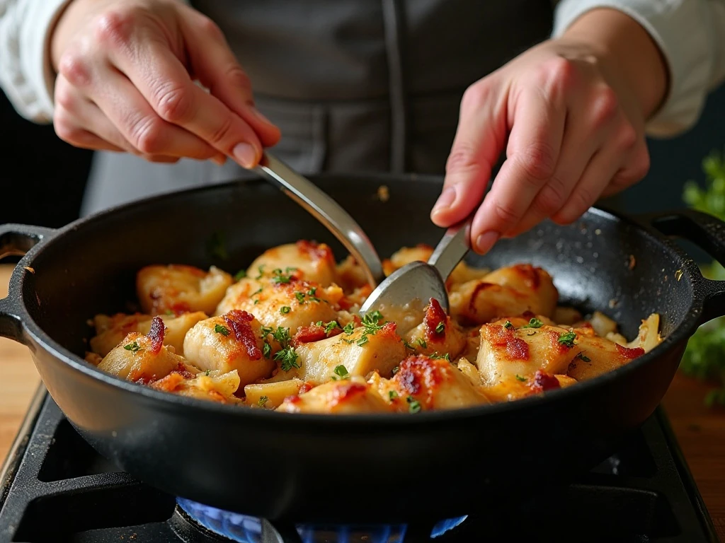 Chicken and onions cooking in bacon fat for creamy noodles