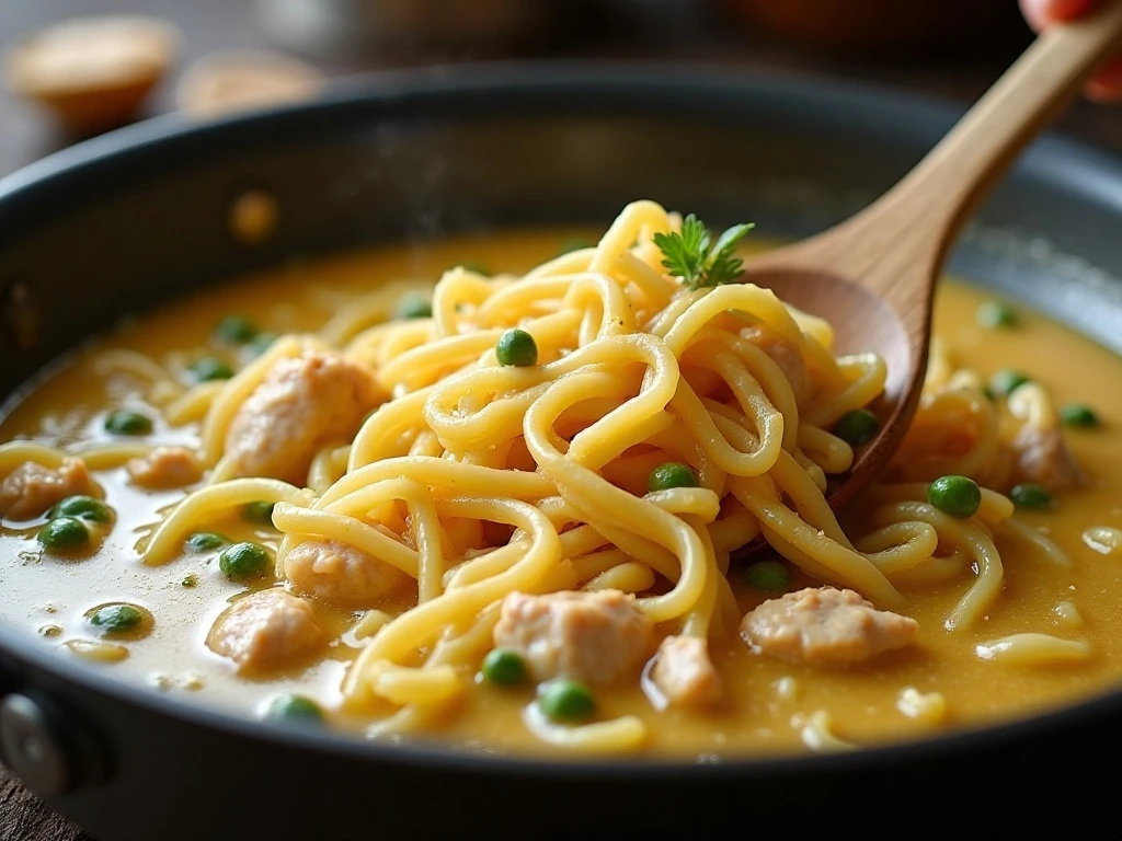 Wide egg noodles simmering in creamy chicken sauce