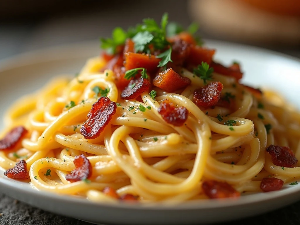 Bacon and parsley garnish on creamy chicken noodles