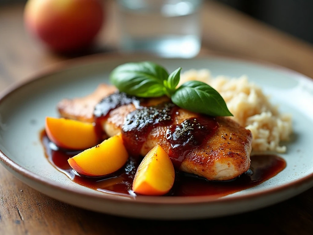 Chicken and peaches with balsamic reduction served for dinner