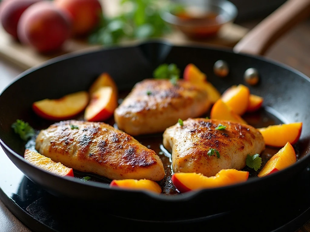 Chicken and peach wedges cooking in a skillet