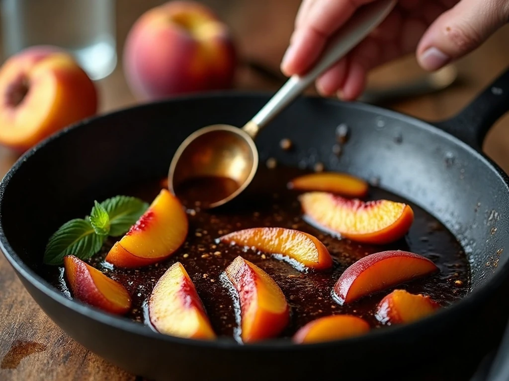 Glossy balsamic reduction cooking in a skillet