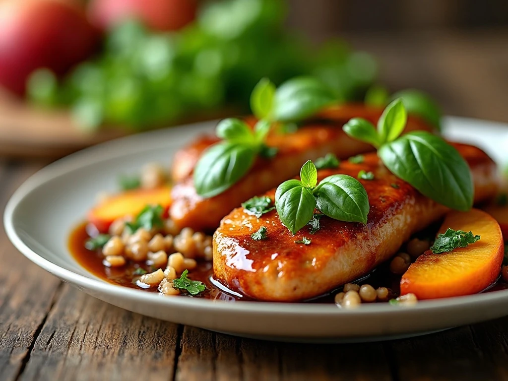 Fresh basil garnish on chicken with balsamic peaches