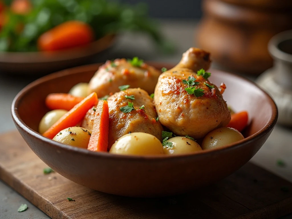 Tender slow cooker chicken served with potatoes, carrots, and onion