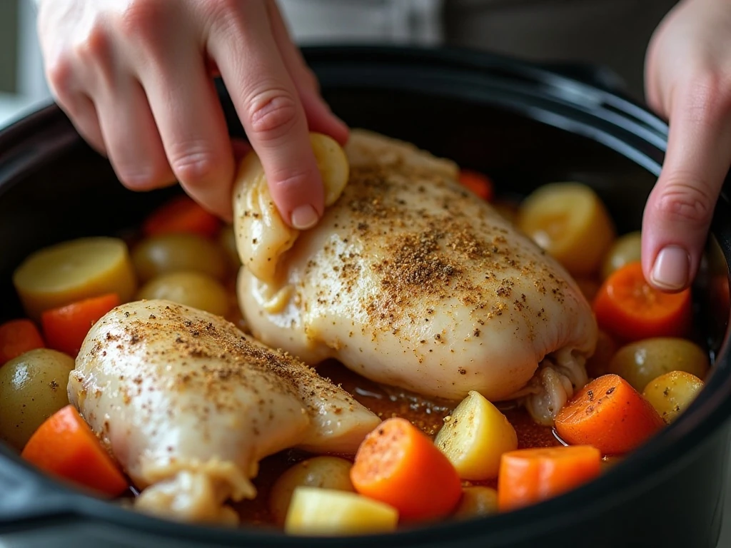 Seasoned chicken arranged over vegetables in a slow cooker