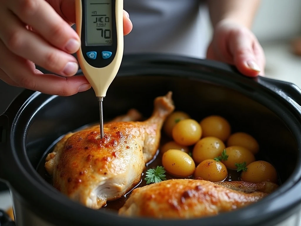 Checking chicken temperature for slow cooker doneness