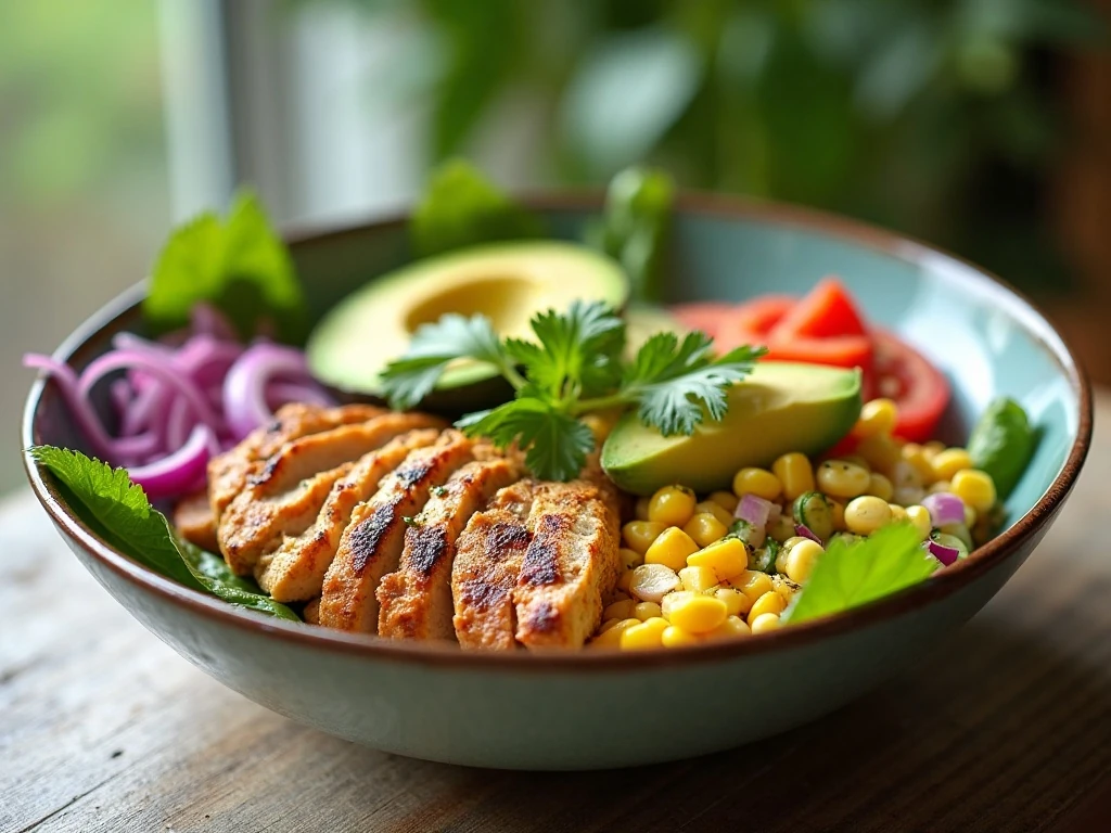 Fresh chicken avocado corn salad served in a bowl
