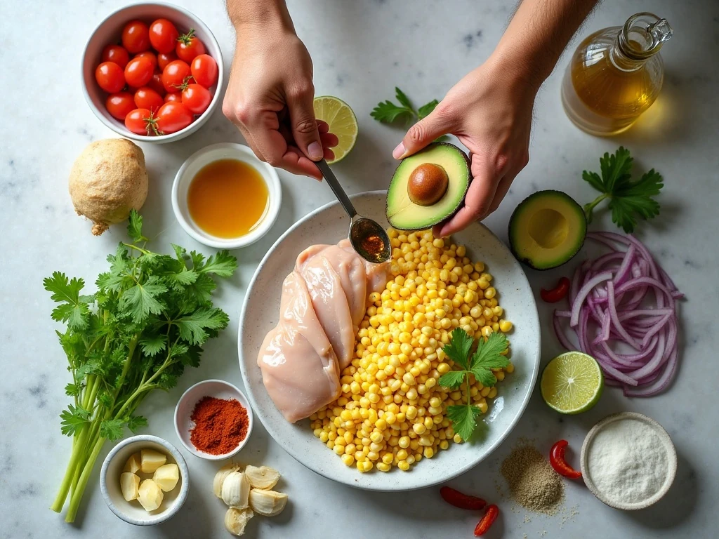Ingredients for chicken avocado corn salad and lime dressing