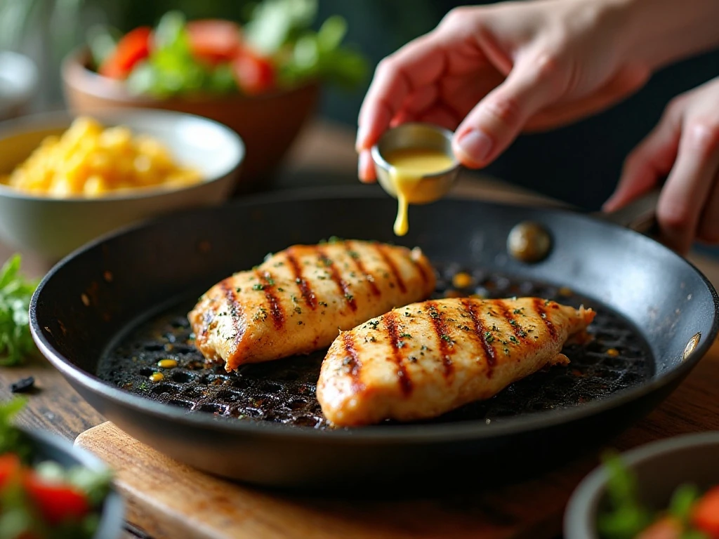 Cooking seasoned chicken and preparing ingredients for avocado corn salad