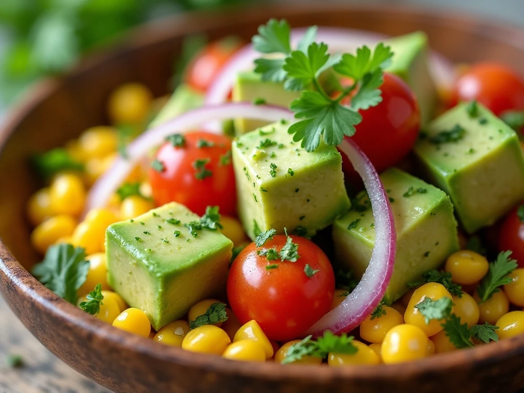Close-up of lime-dressed avocado corn salad ingredients
